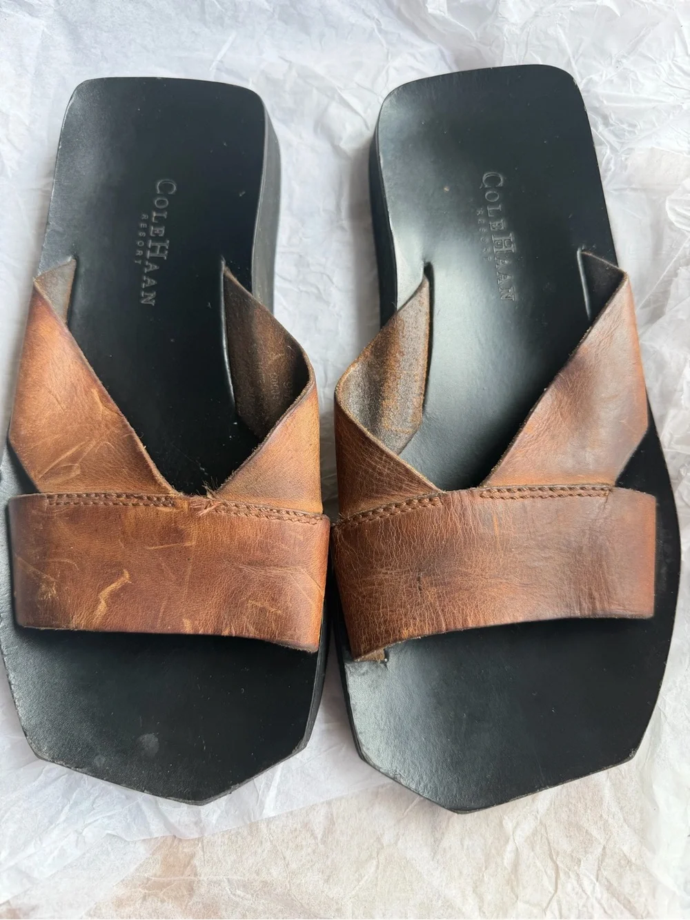 Cole Haan Men's Brown Leather Slide Sandals with Black Footbed